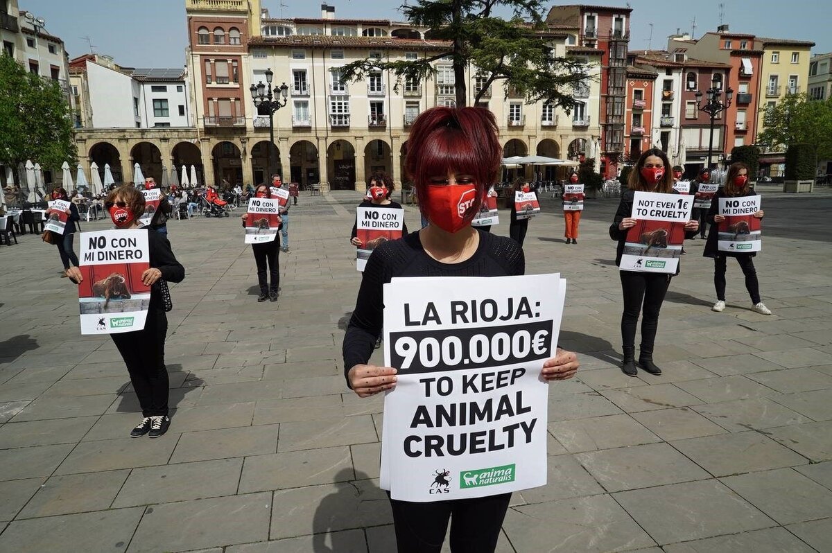 Protest tegen het stierenvechten in Logroño, Spanje