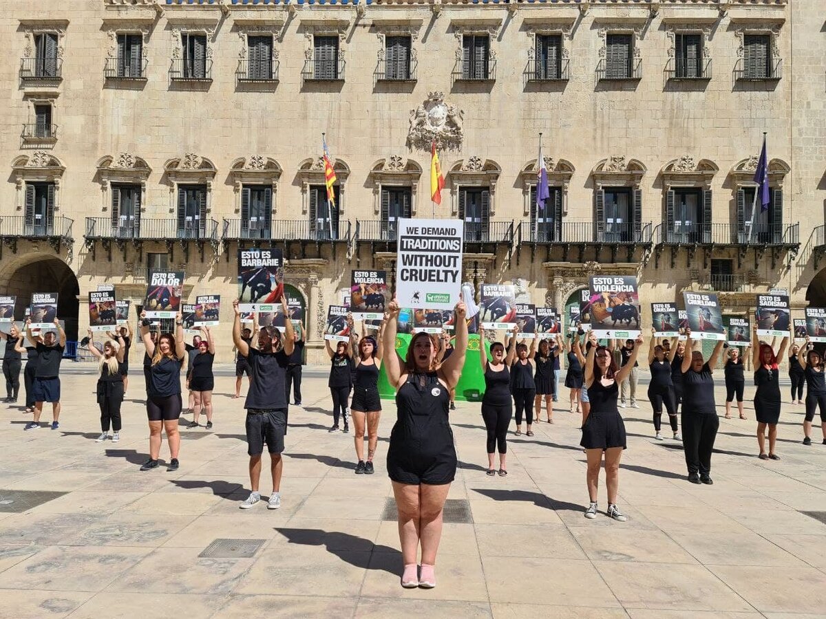 Protest tegen het stierenvechten in Alicante, Spanje
